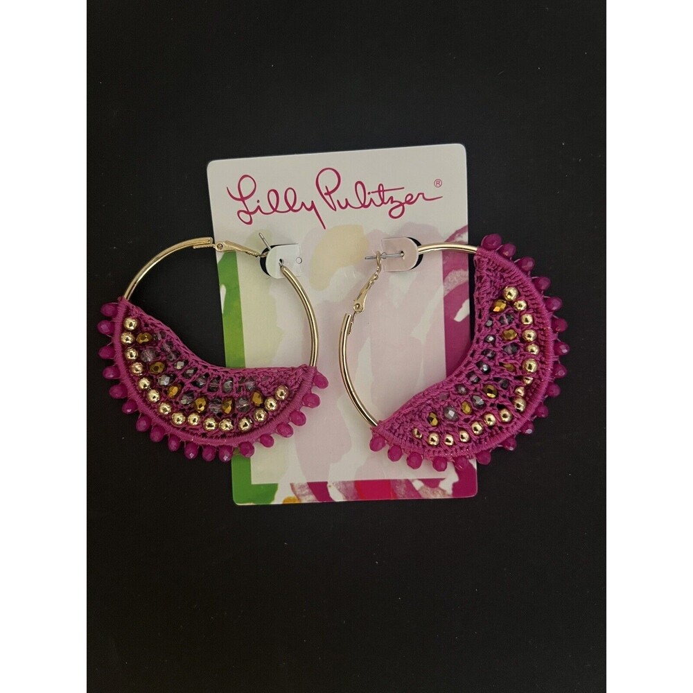 Lilly Pulitzer Statement Beaded Hoop Bougainvillea Earrings Fuchsia Pink NWT